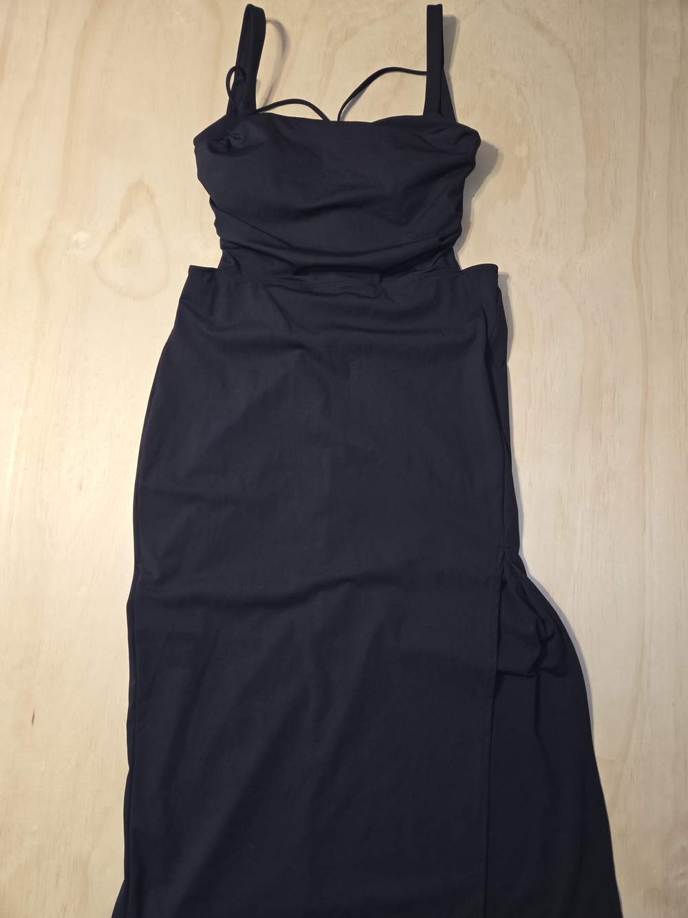 Halara Square Neck Ruched Lace-Up Back Maxi Dress with Slit - Black, Size XL